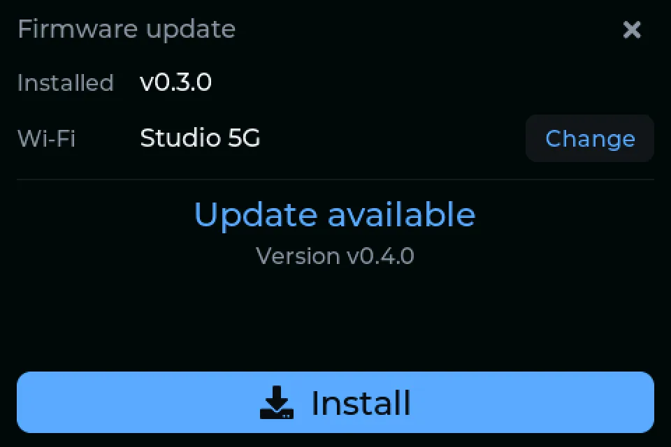 An update available over Wi-Fi: version 0.4.0, with Install