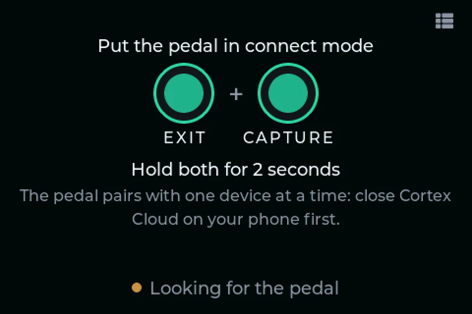 The screen looking for the pedal, asking to hold EXIT and CAPTURE for 2 seconds to pair