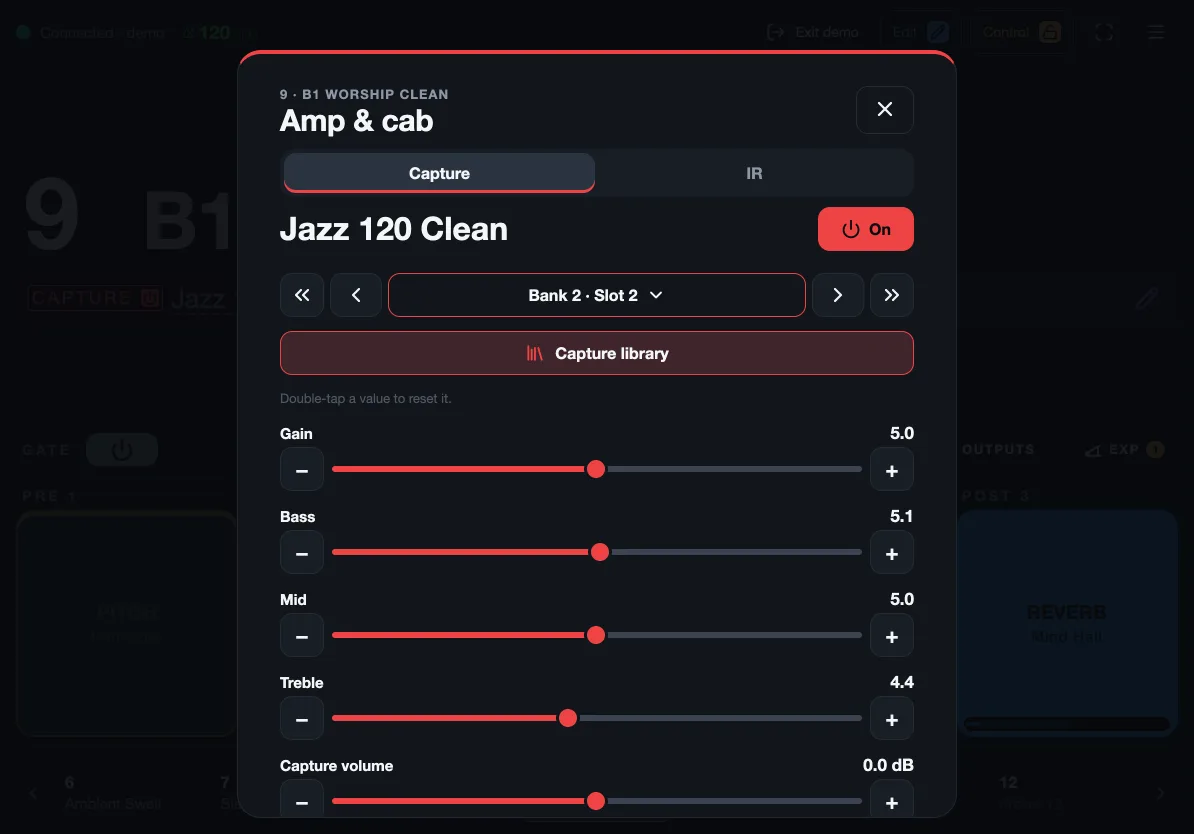 The capture page: Jazz 120 Clean, its bank and slot, the capture library and its Gain, Bass, Mid and Treble