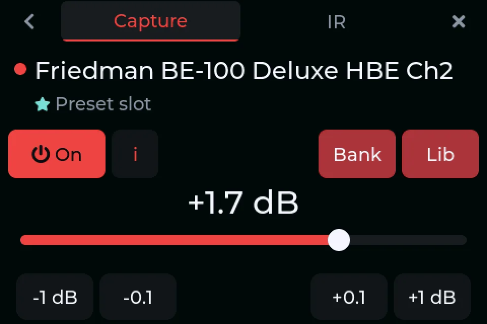 The capture page: Friedman BE-100 Deluxe HBE Ch2 at +1.7 dB, with Bank and Lib