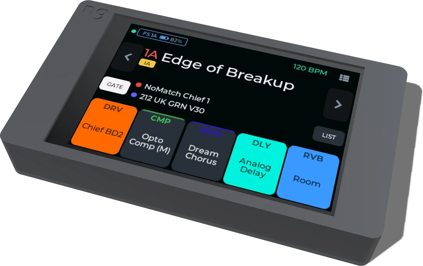 NanoGig Screen's printed box showing the gig view: preset 1A, Edge of Breakup