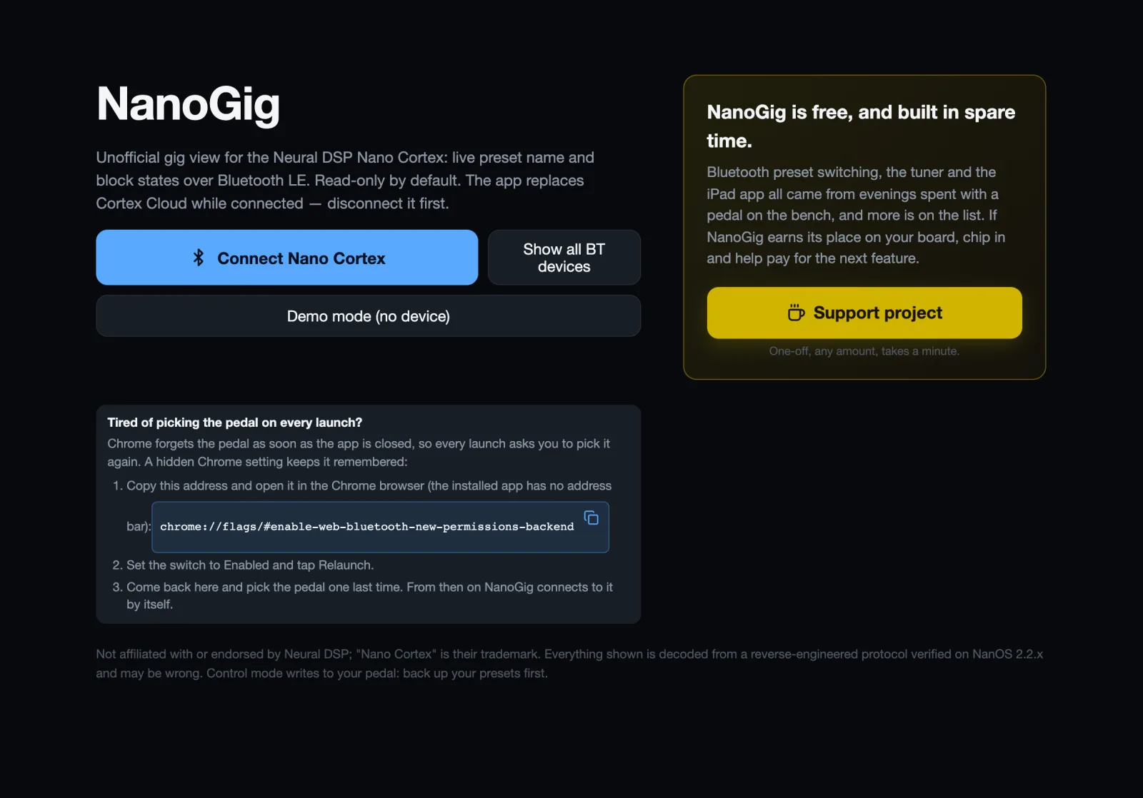 The connect screen's tip for keeping the pedal remembered, with the chrome://flags address