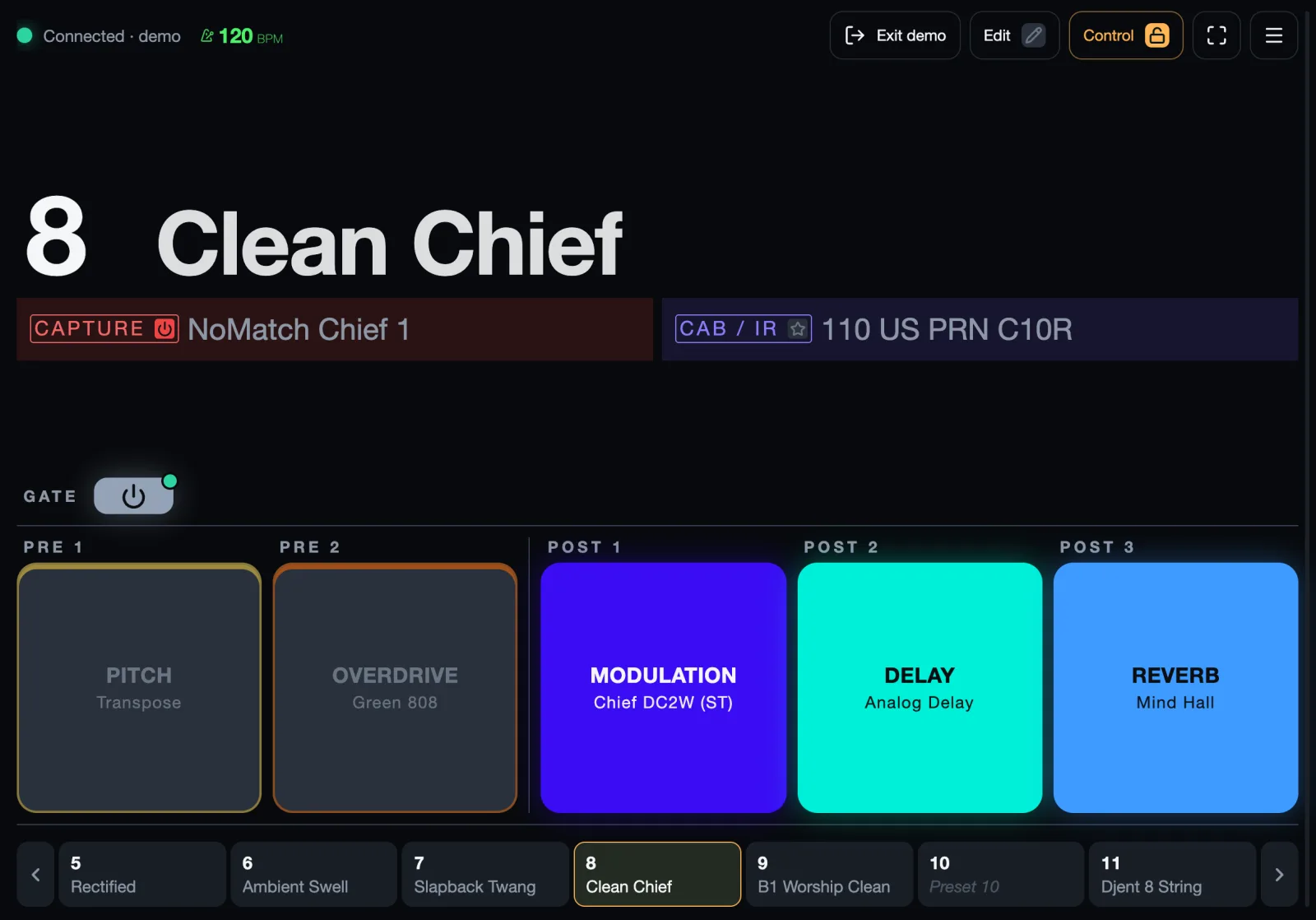 Control mode on: the Control button, a preset in the strip and an effect tile are marked