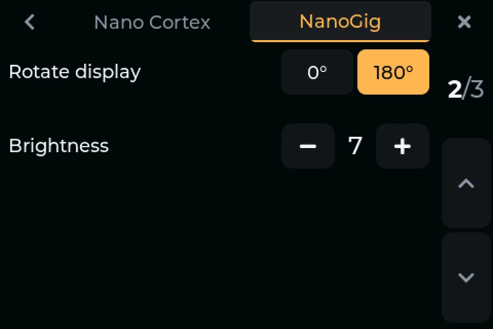 Settings, NanoGig tab, page 2, with Rotate display and Brightness