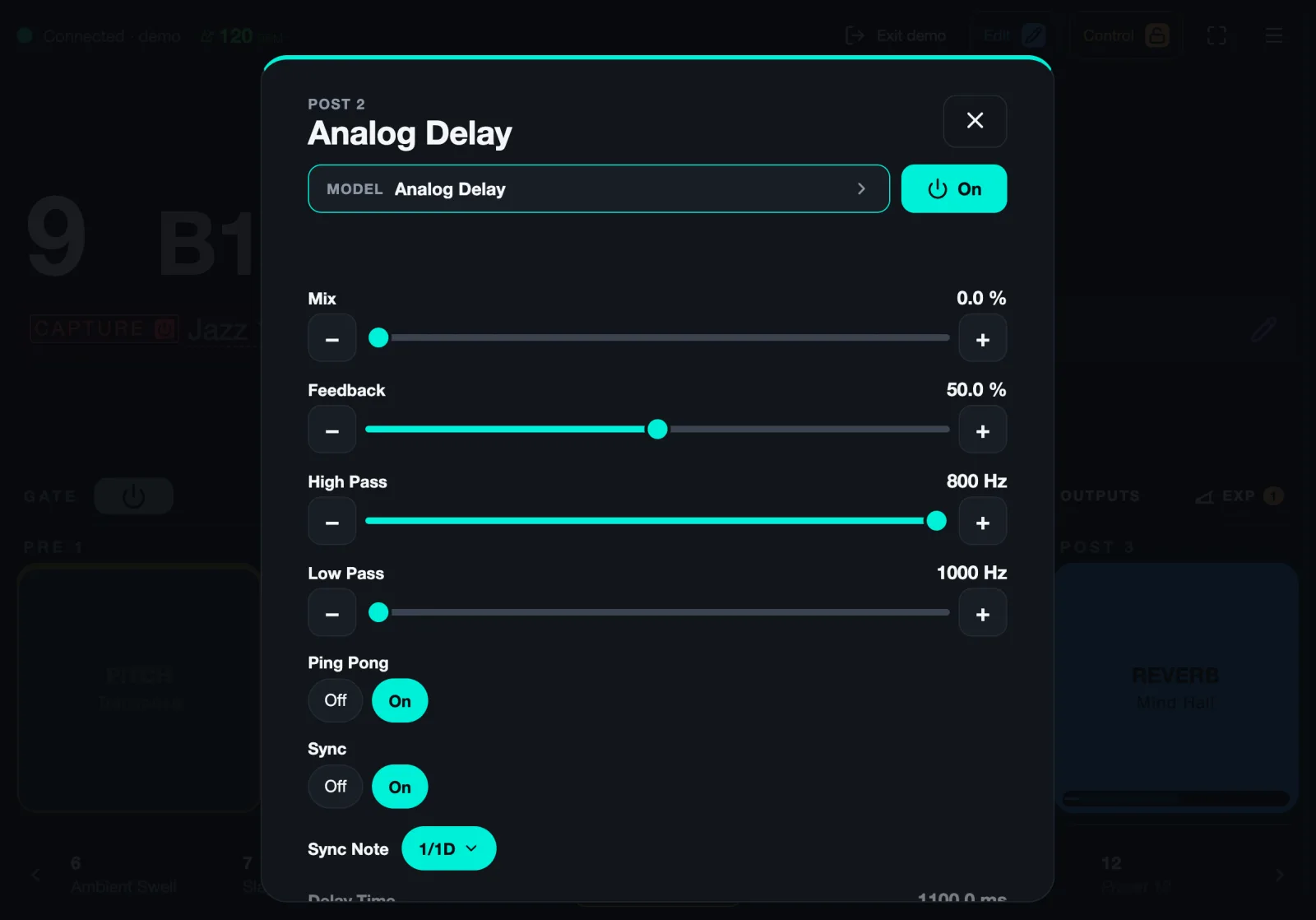 The effect editor with the model picker and the on/off button marked