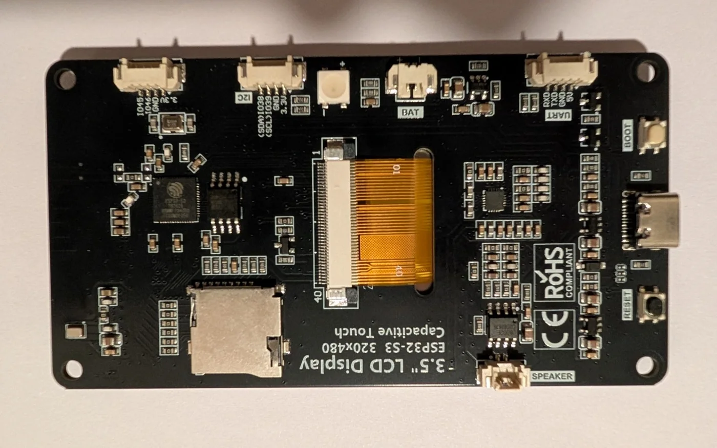 The back of the ES3C35P: the USB-C socket with the BOOT and RESET buttons on the right, connectors along the top