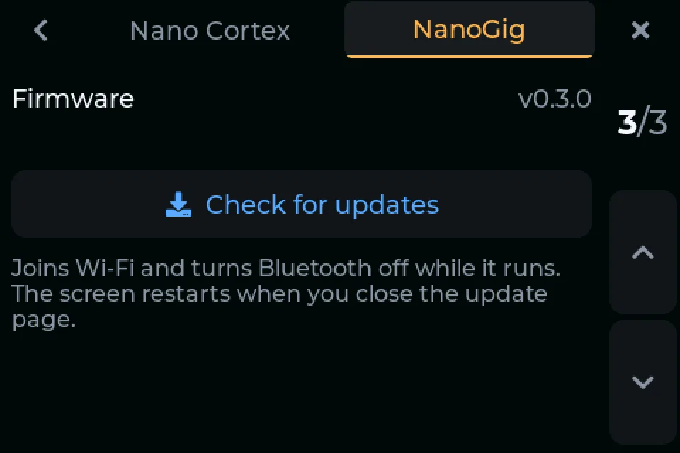 Settings, NanoGig tab, page 3, with Check for updates