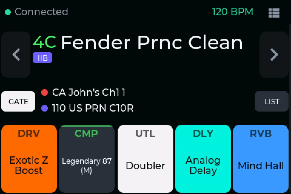 NanoGig Screen showing preset 4C, Fender Prnc Clean, with its capture, IR and five effect blocks