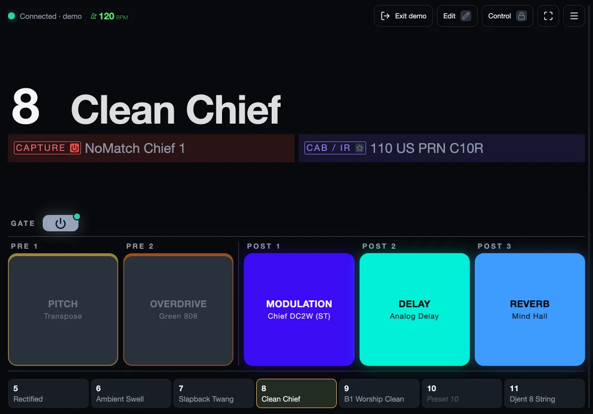 The NanoGig app showing preset 8, Clean Chief, with its capture, IR and five effect blocks