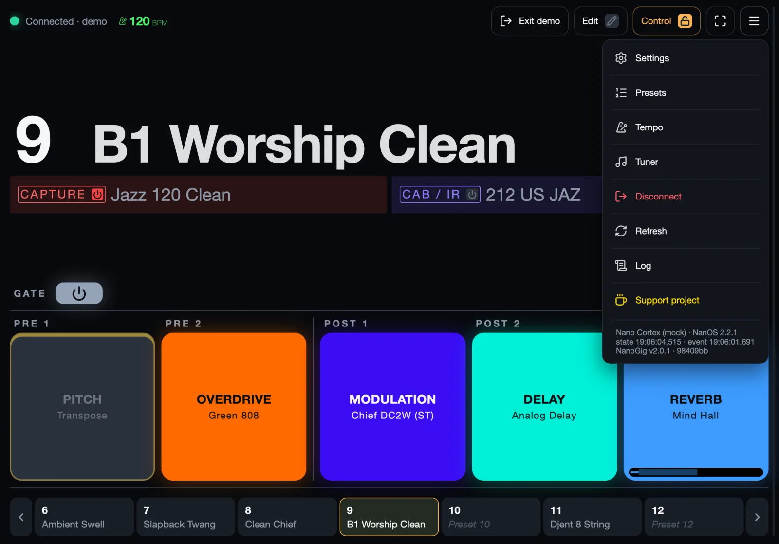 The menu with Settings, Tempo and Tuner marked