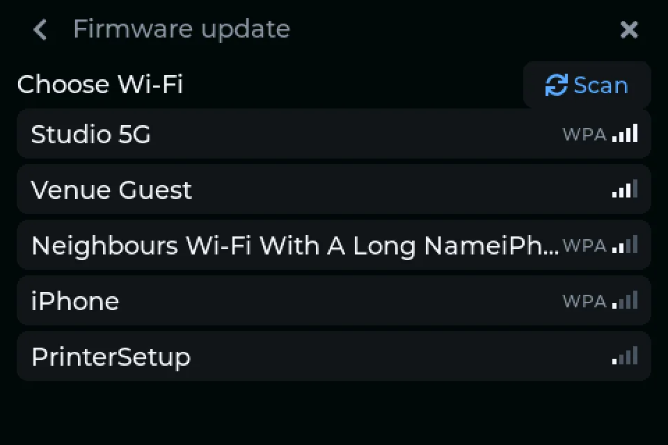 Choose Wi-Fi: a list of networks with Scan