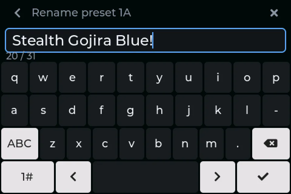 Renaming preset 1A to Stealth Gojira Blue on the touch keyboard