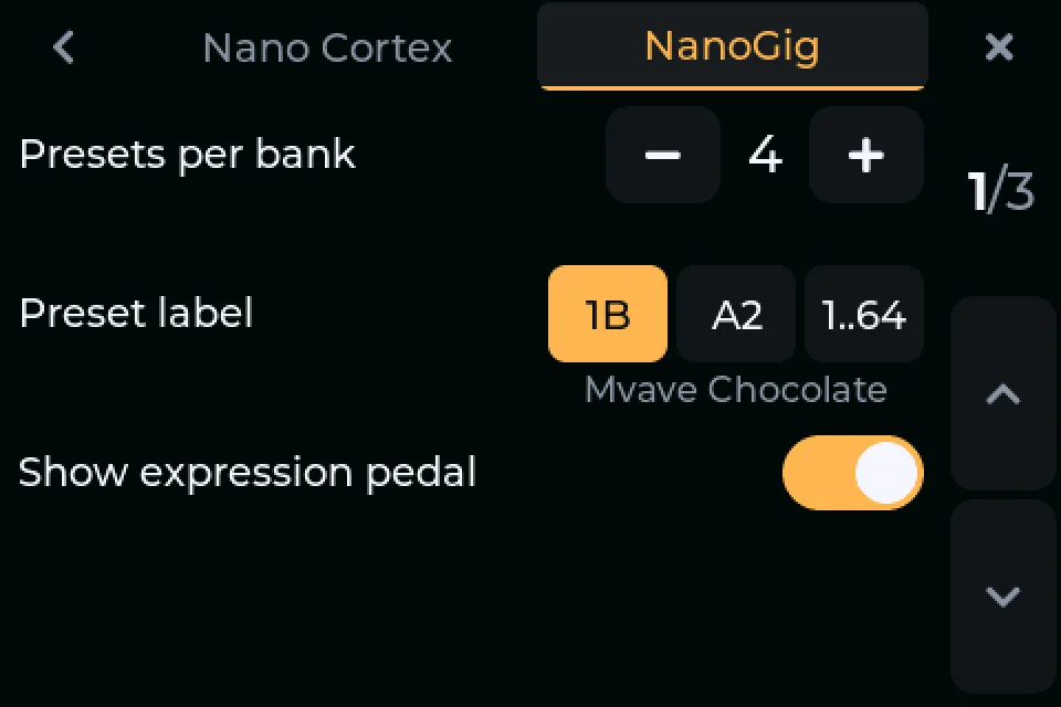 Settings, NanoGig tab, page 1