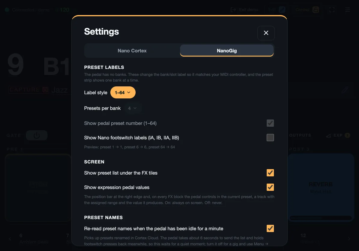NanoGig's own settings: the preset label style, presets per bank and what the screen shows