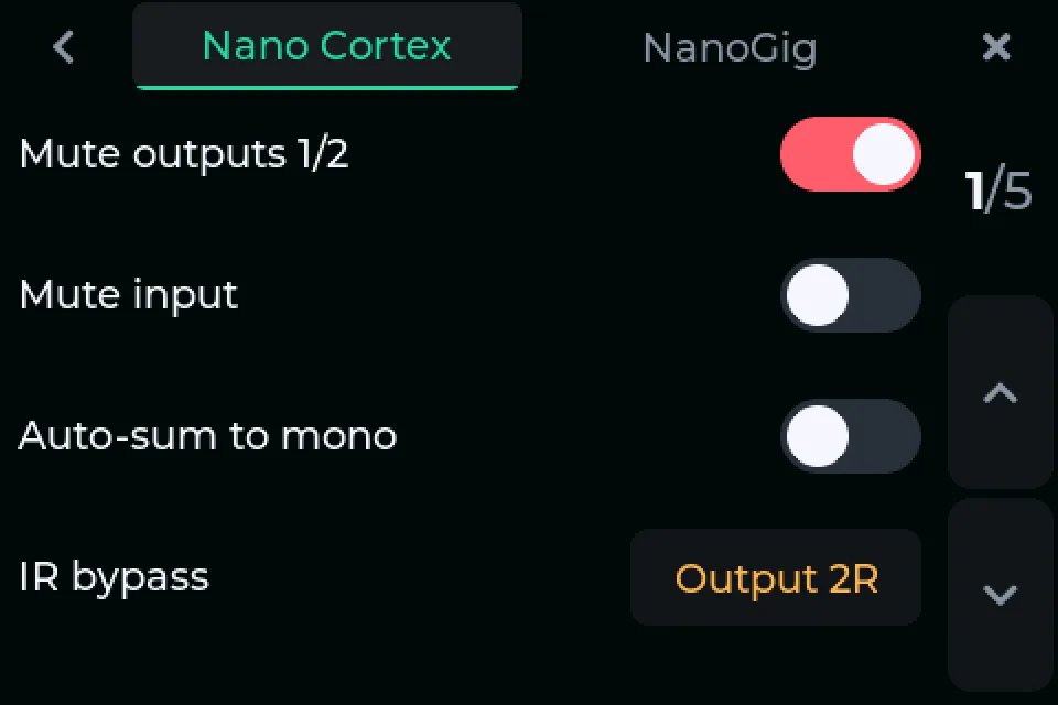 The pedal's settings on the screen: mute outputs, mute input, auto-sum to mono and IR bypass