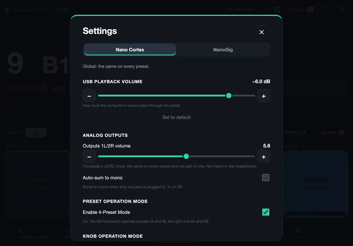 The pedal settings: USB playback volume, analog output volume and other settings