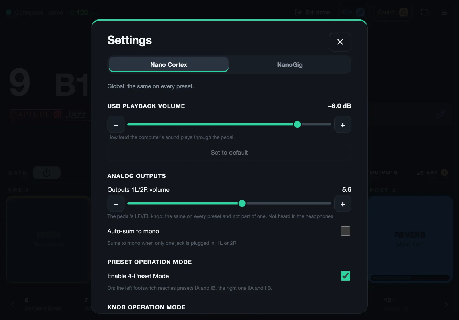 Settings, Nano Cortex tab