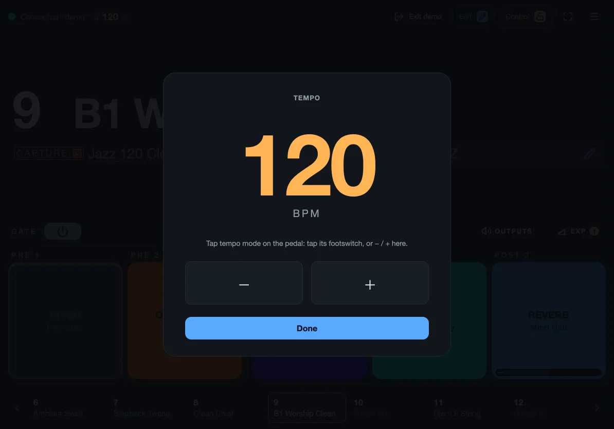 The tempo: 120 BPM in big type, with minus and plus to change it
