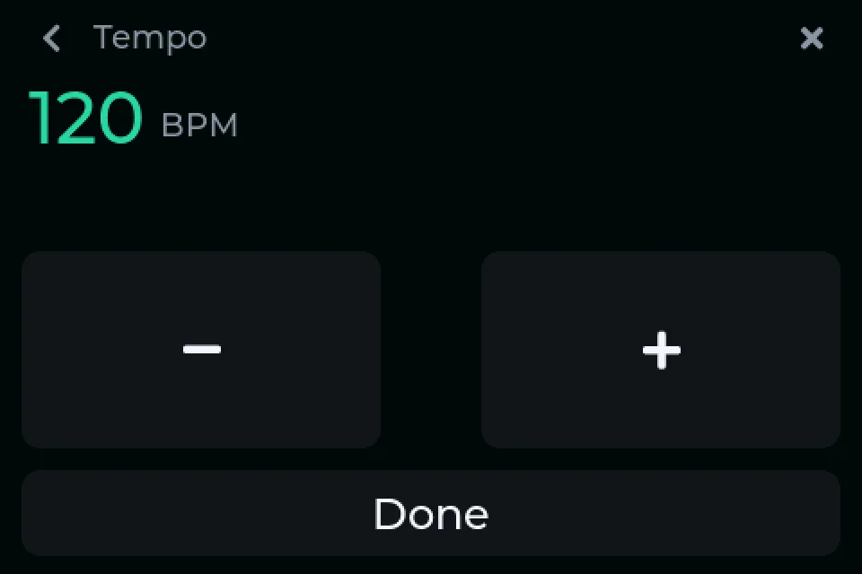 The tempo view: 120 BPM, with minus and plus