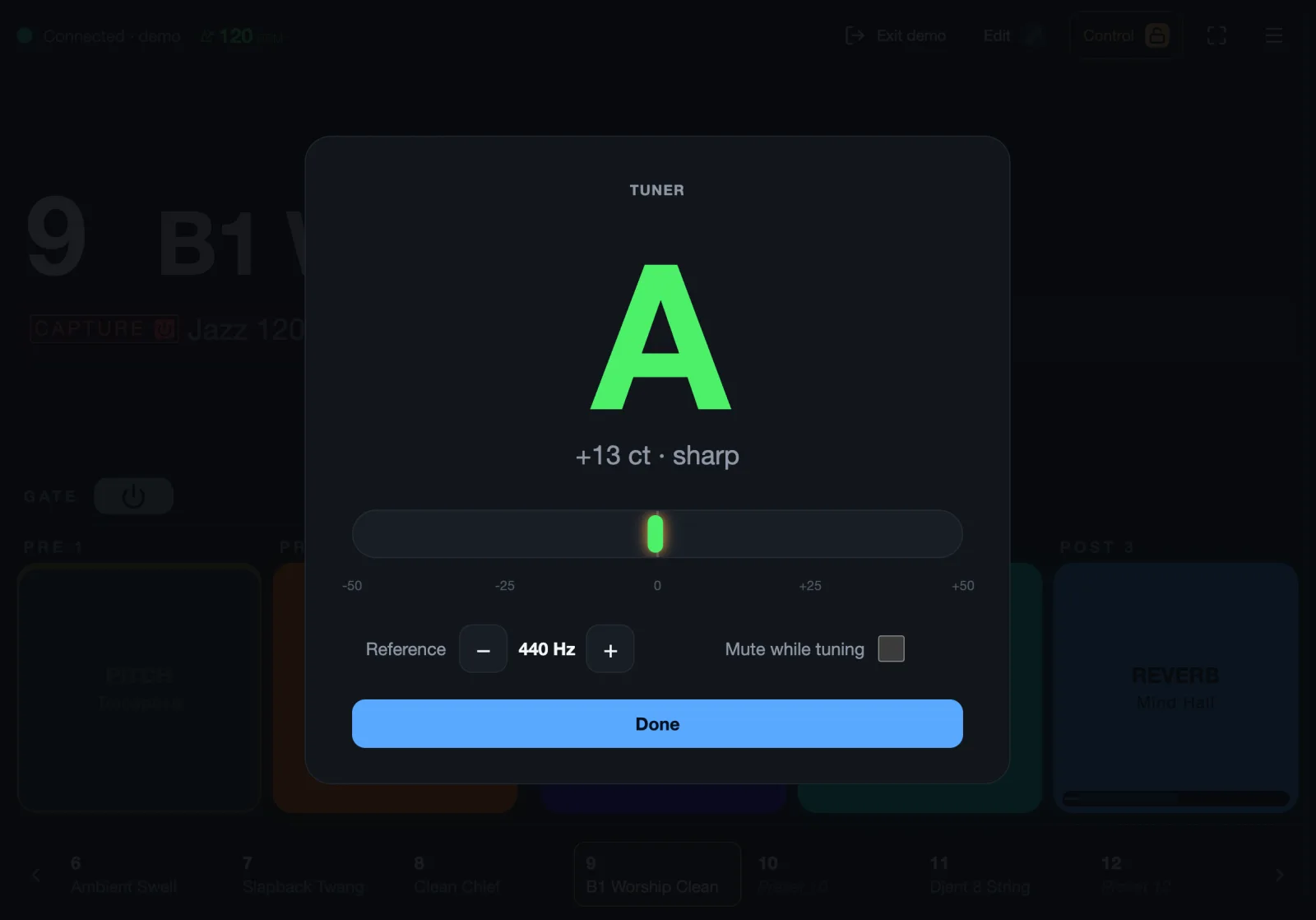 The tuner showing E, in tune